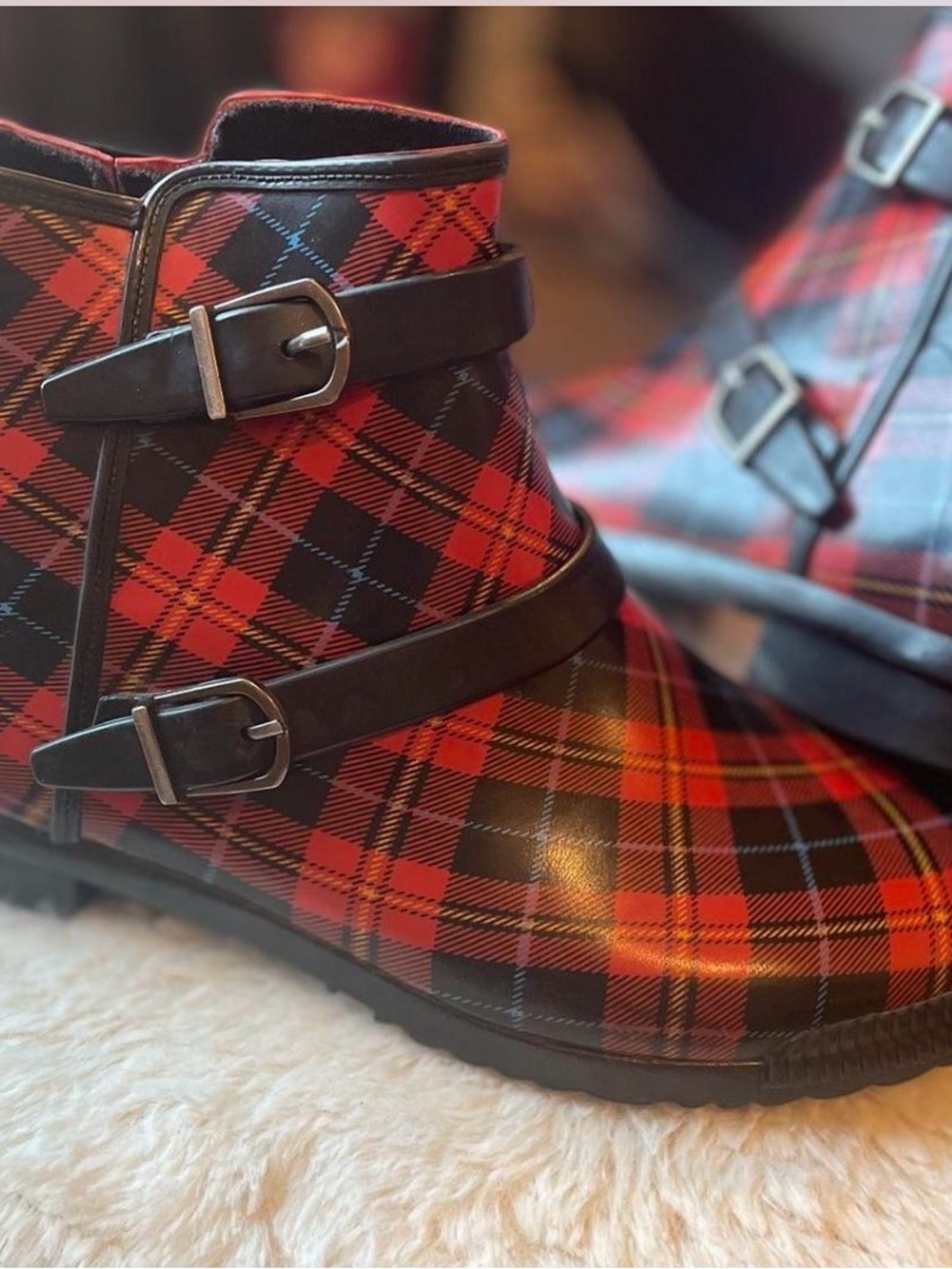 Cougar Red Black Plaid Ankle Rain Boots